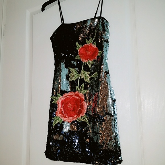 Forever 21 Dresses & Skirts - BLUE & Silver sequin mini dress with pink Flowers